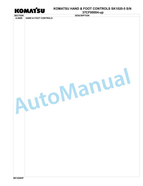 Komatsu SK1020-5 Hand Foot Control Parts Manual 37CF00004-up