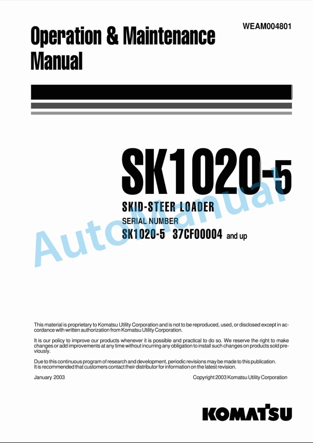 Komatsu SK1020-5 Skid Steer Loader Operation and Maintenance Manual WEAM004801