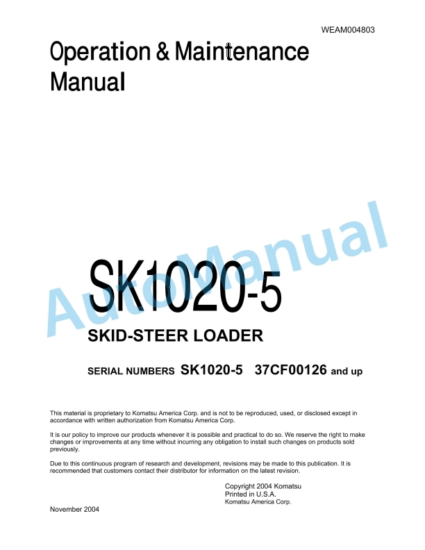 Komatsu SK1020-5 Skid Steer Loader Operation and Maintenance Manual WEAM004803