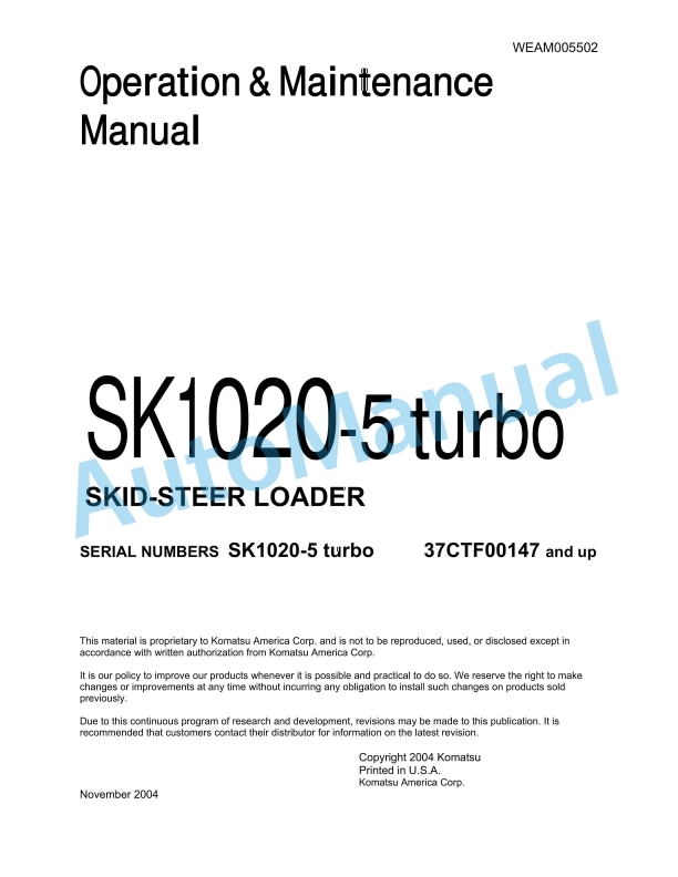Komatsu SK1020-5 Turbo Skid Steer Loader Operation and Maintenance Manual WEAM005502