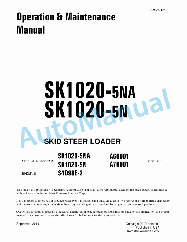 Komatsu SK1020-5NA, SK1020-5N Skid Steer Loader Operation and Maintenance Manual CEAM013902
