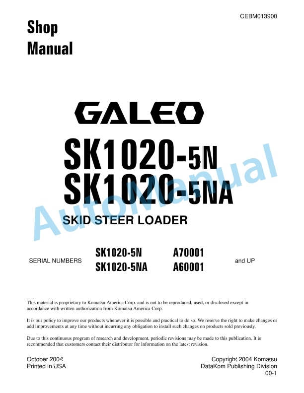 Komatsu SK1020-5NA, SK1020-5N Skid Steer Loader Shop Manual CEBM013900