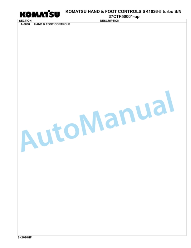 Komatsu SK1026-5 Turbo Hand Foot Control Parts Manual 37CTF50001-up