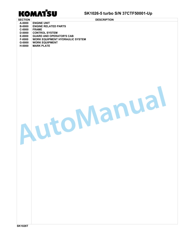 Komatsu SK1026-5 Turbo Skid Loader Parts Manual 37CTF50001-Up