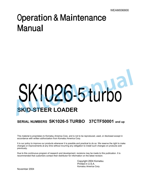 Komatsu SK1026-5 Turbo Skid Steer Loader Operation and Maintenance Manual WEAM006800