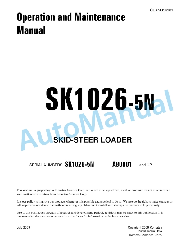 Komatsu SK1026-5N Skid Steer Loader Operation and Maintenance Manual CEAM014301
