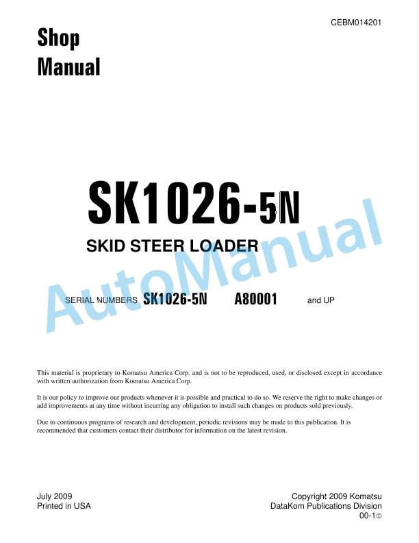 Komatsu SK1026-5N Skid Steer Loader Shop Manual CEBM014201