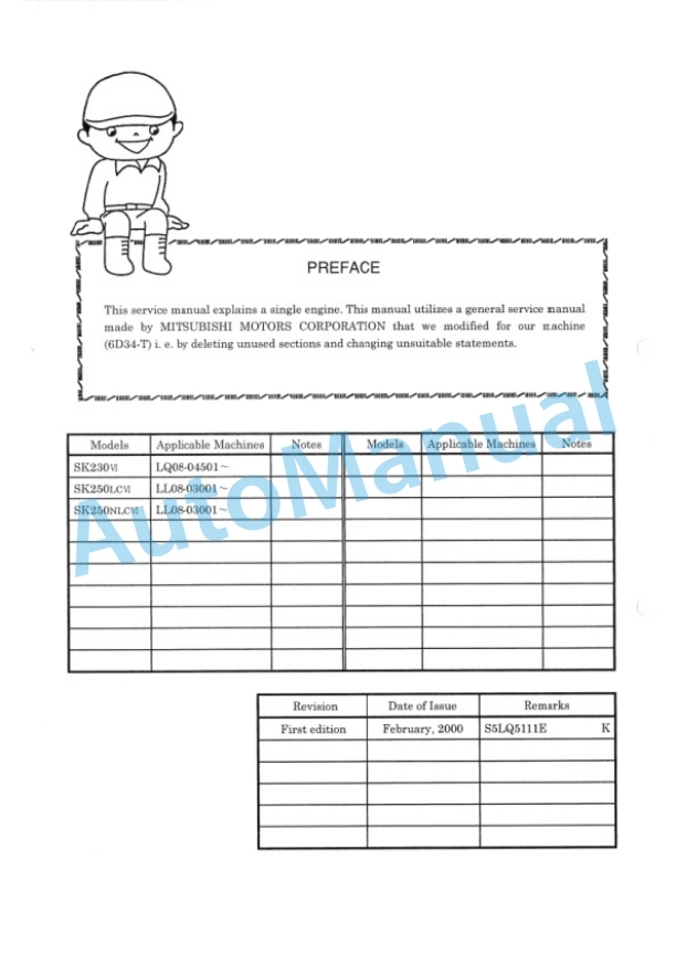 Komatsu SK230VI, SK230LCVI, SK250VI, SK250LCVI, SK250NLCVI Hydraulic Excavator Shop Manual S5LQ0011E-5