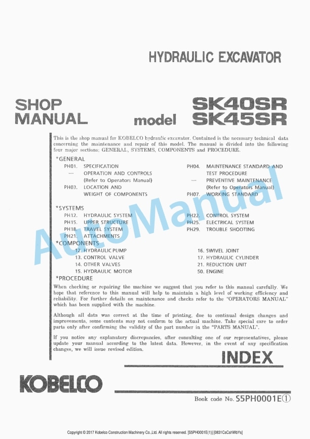 Komatsu SK40SR, SK45SR Hydraulic Excavator Shop Manual S5PH0001E-01