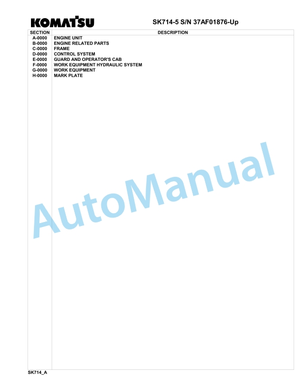 Komatsu SK714-5 Skid Loader Parts Manual 37AF01876-UP