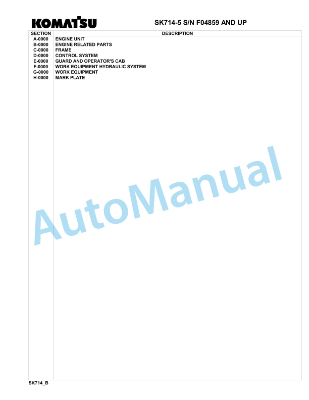 Komatsu SK714-5 Skid Loader Parts Manual F04859-up