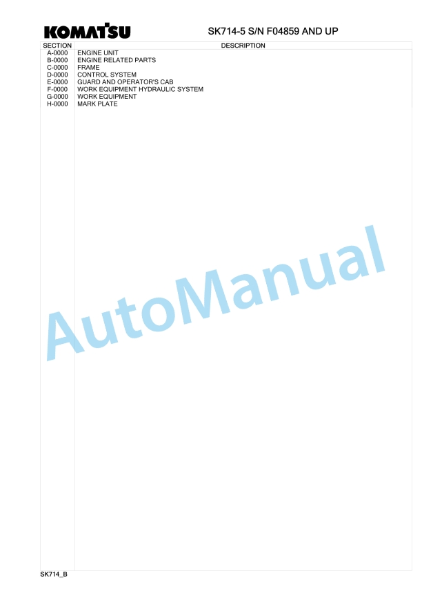 Komatsu SK714-5 Skid Steer Loader Parts Manual F04895