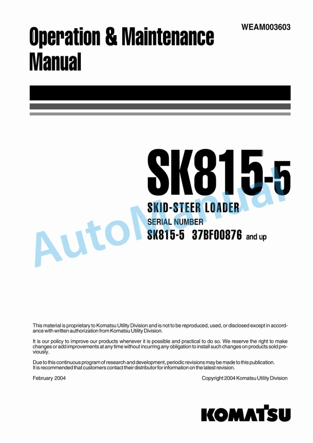 Komatsu SK815-5 Skid Steer Loader Operation and Maintenance Manual WEAM003603