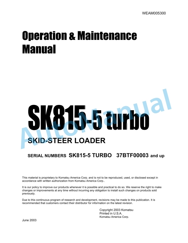 Komatsu SK815-5 Turbo Skid Steer Loader Operation and Maintenance Manual WEAM005300