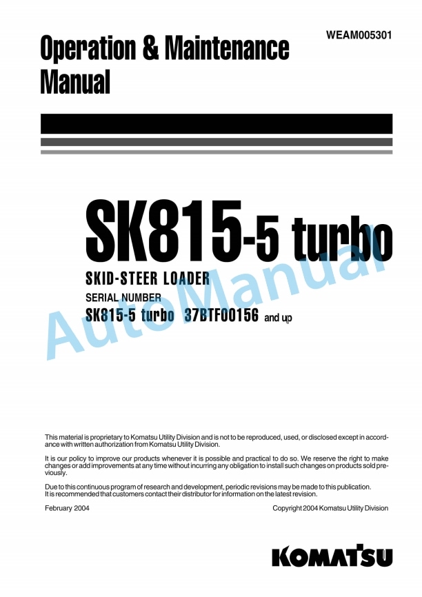 Komatsu SK815-5 Turbo Skid Steer Loader Operation and Maintenance Manual WEAM005301