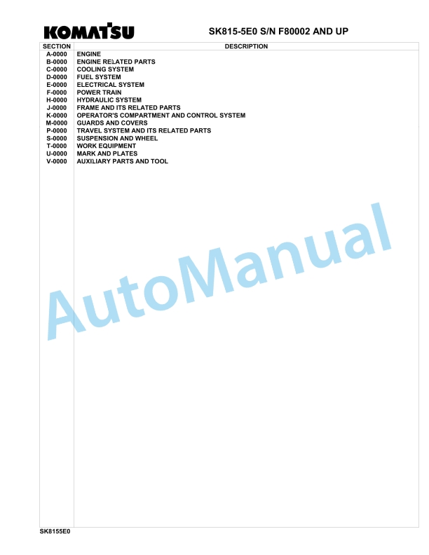 Komatsu SK815-5E0 Skid Loader Parts Manual F80002-UP