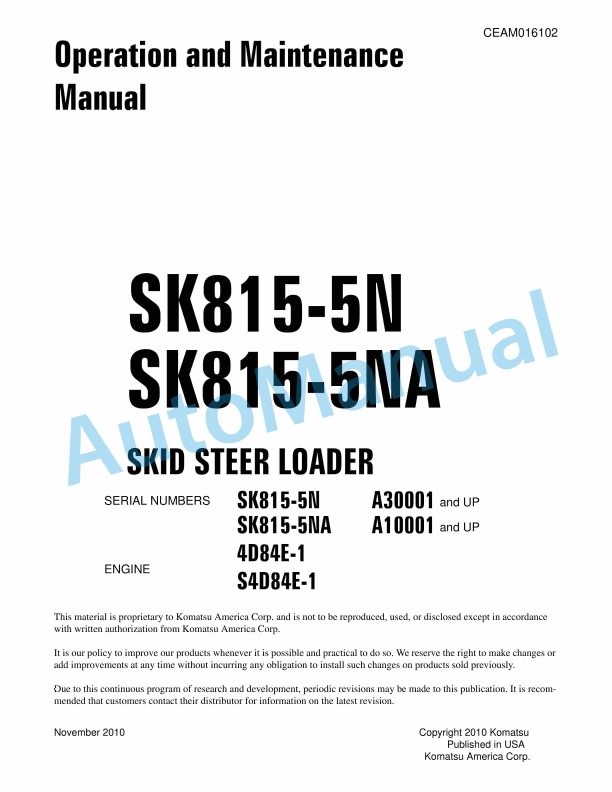 Komatsu SK815-5N, SK815-5NA Skid Steer Loader Operation and Maintenance Manual CEAM016102