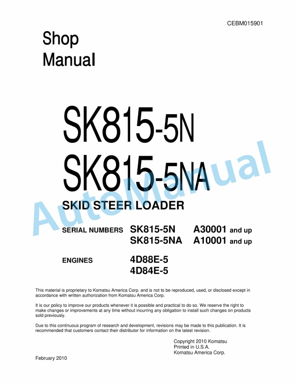 Komatsu SK815-5N, SK815-5NA Skid Steer Loader Shop Manual CEBM015901