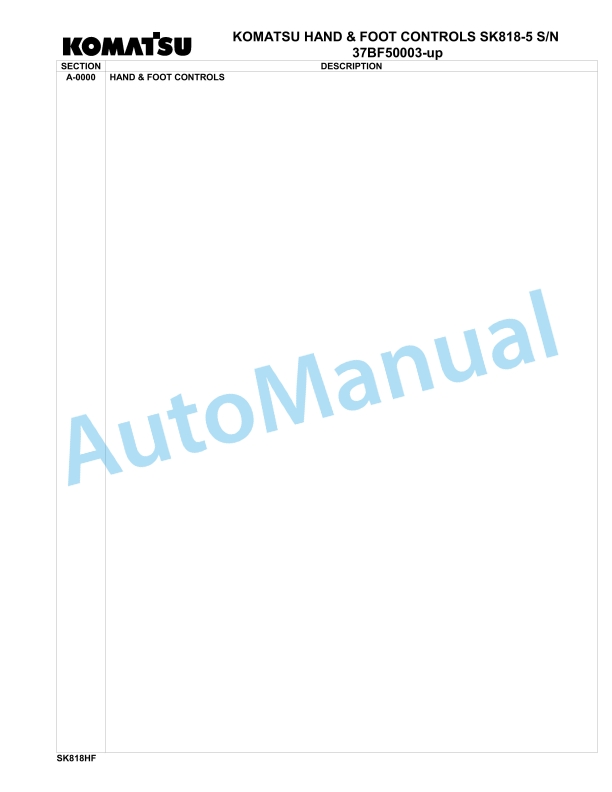 Komatsu SK818-5 Hand Foot Control Parts Manual 37BF50003-up