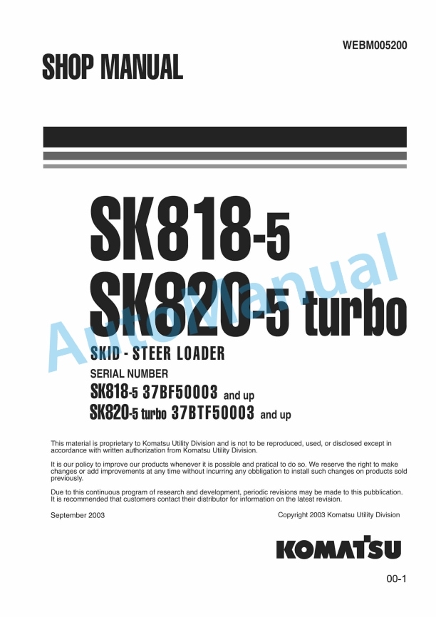 Komatsu SK818-5, SK820-5 Turbo Skid Steer Loader Shop Manual WEBM005200