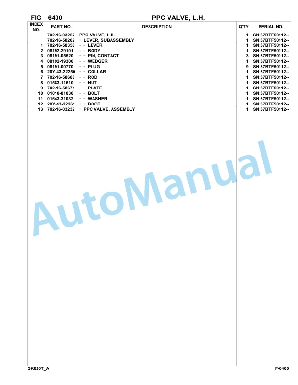 Komatsu SK820-5 Skid Loader Parts Manual 37BTF50112-UP-5