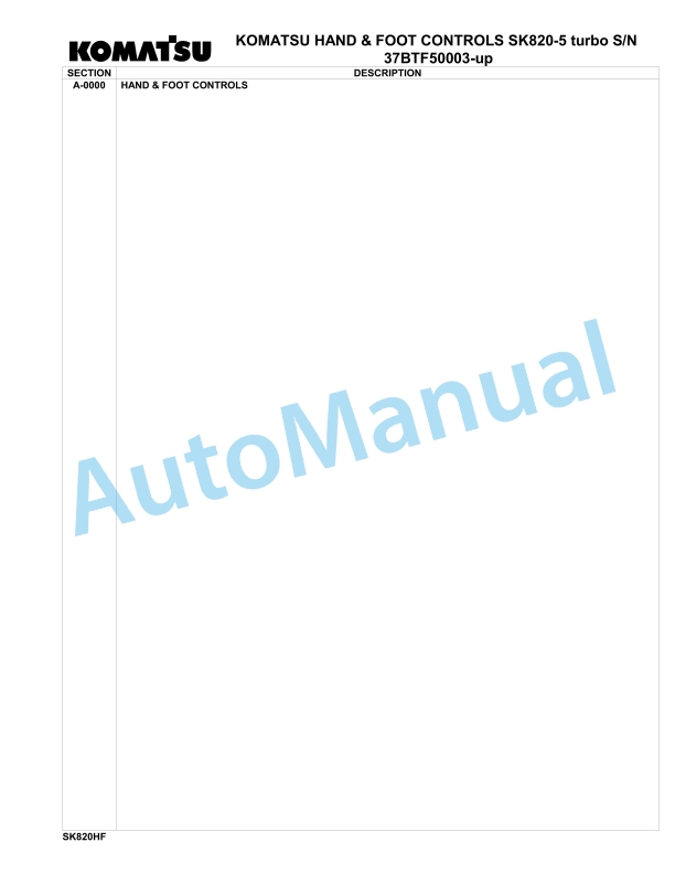 Komatsu SK820-5 Turbo Hand Foot Control Parts Manual 37BTF50003-up
