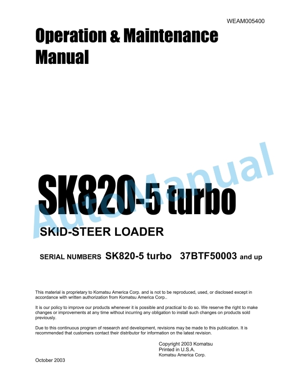 Komatsu SK820-5 Turbo Skid Steer Loader Operation and Maintenance Manual WEAM005400