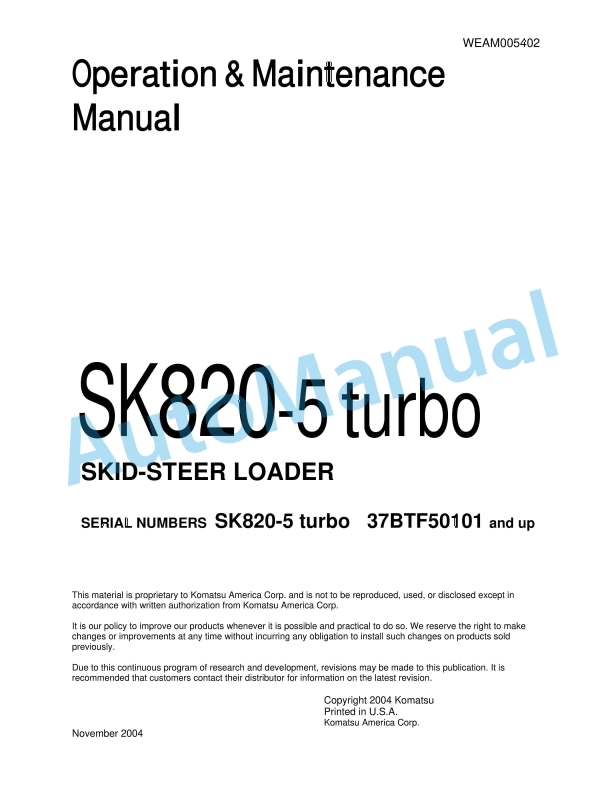 Komatsu SK820-5 Turbo Skid Steer Loader Operation and Maintenance Manual WEAM005402