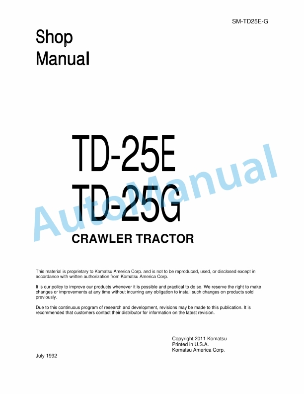 Komatsu TD-25E, TD-25G Crawler Tractor Shop Manual SM-TD25E-G