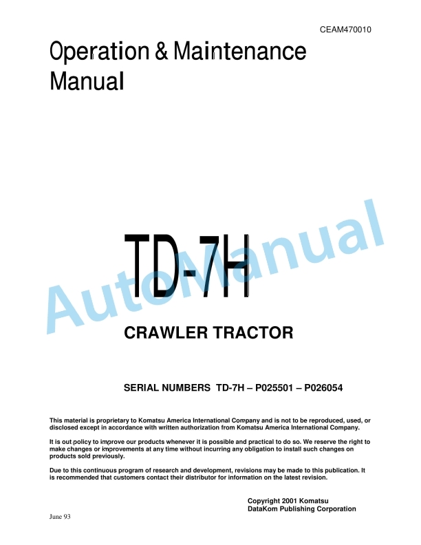 Komatsu TD-7H Crawler Tractor Operation and Maintenance Manual CEAM470010