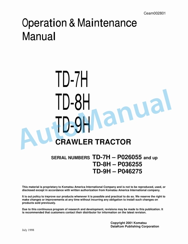 Komatsu TD-7H, TD-8H, TD-9H Crawler Tractor Operation and Maintenance Manual CEAM002801