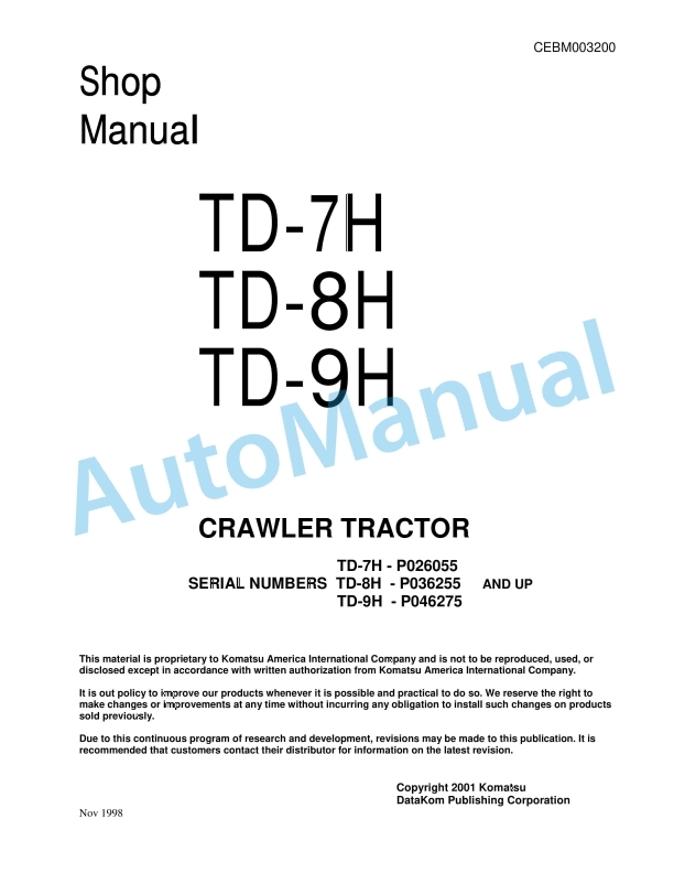 Komatsu TD-7H, TD-8H, TD-9H Crawler Tractor Shop Manual CEBM003200