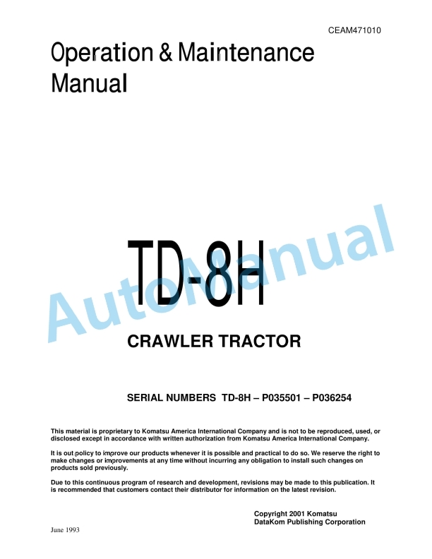 Komatsu TD-8H Crawler Tractor Operation and Maintenance Manual CEAM471010