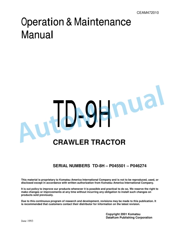 Komatsu TD-9H Crawler Tractor Operation and Maintenance Manual CEAM472010