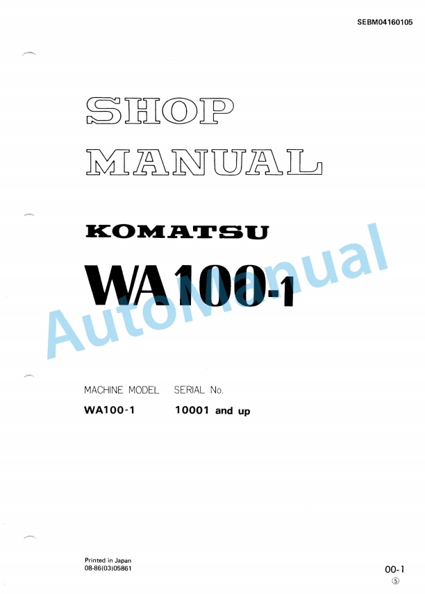 Komatsu WA100-1 Wheel Loader Shop Manual SEBM04160105