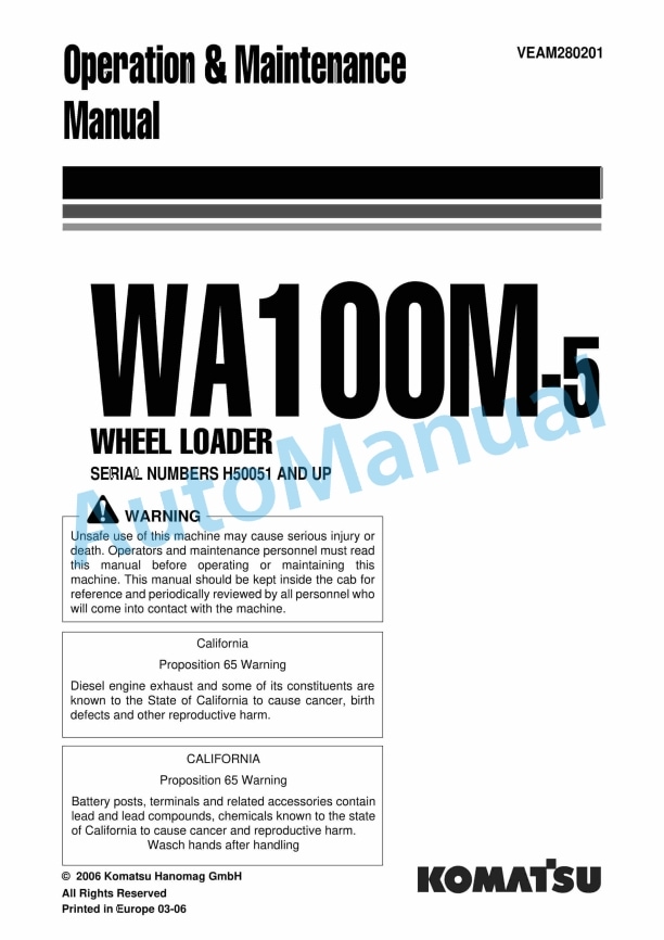 Komatsu WA100M-5 Wheel Loader Operation and Maintenance Manual VEAM280201