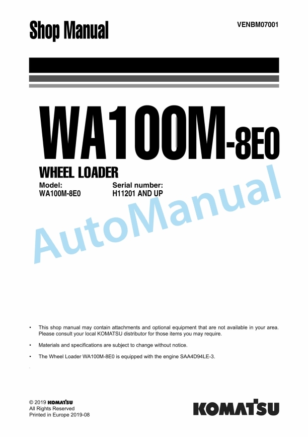 Komatsu WA100M-8E0 Wheel Loader Shop Manual VENBM07001