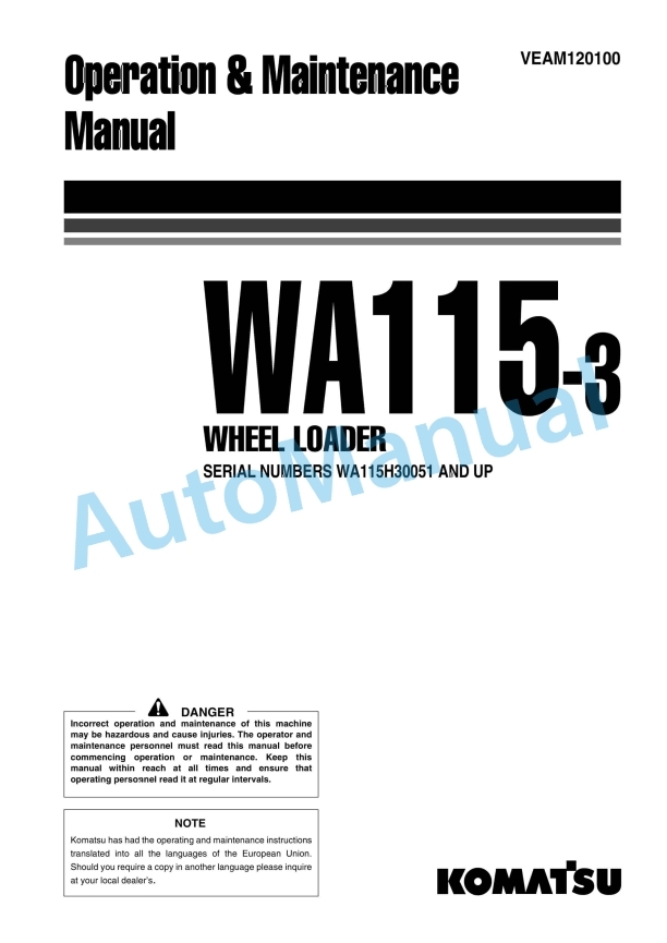 Komatsu WA115-3 Wheel Loader Operation and Maintenance Manual VEAM120100