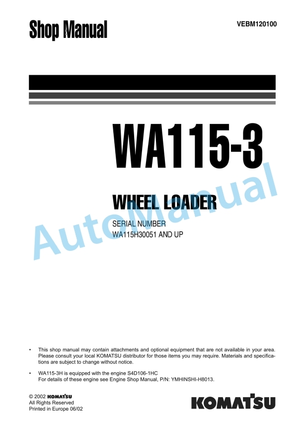 Komatsu WA115-3 Wheel Loader Shop Manual VEBM120100