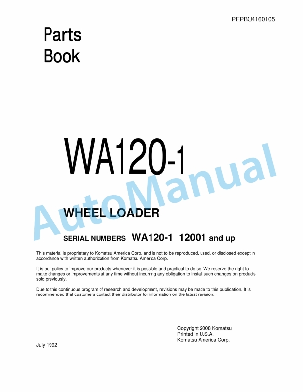 Komatsu WA120-1 Wheel Loader Parts Manual PEPBU4160105