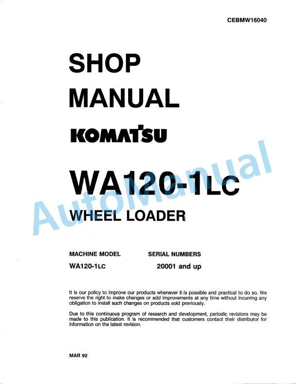 Komatsu WA120-1LC Wheel Loader Shop Manual CEBMW16040