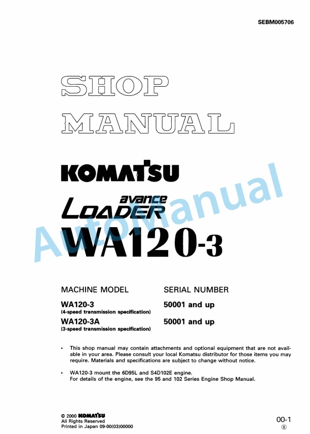 Komatsu WA120-3 Avance Wheel Loader Shop Manual SEBM005706