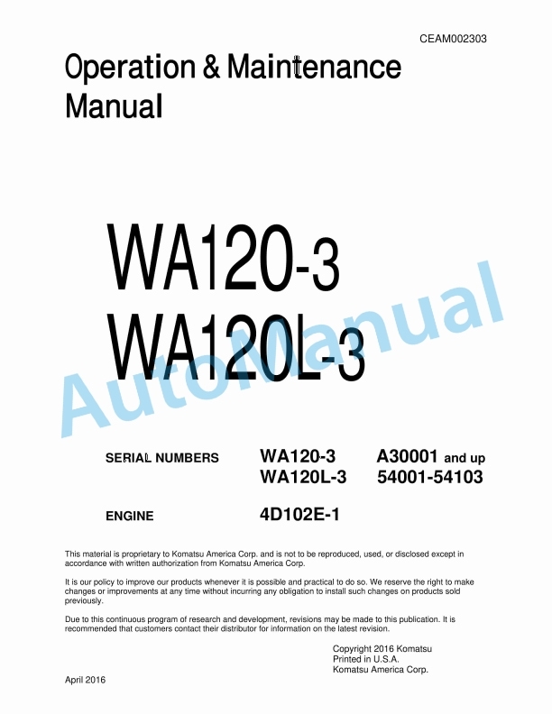 Komatsu WA120-3, WA120L-3 Wheel Loader Operation and Maintenance Manual CEAM002303