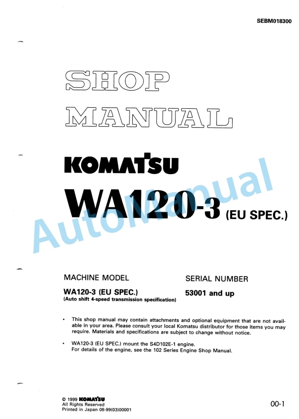Komatsu WA120-3 Wheel Loader Shop Manual SEBM018300