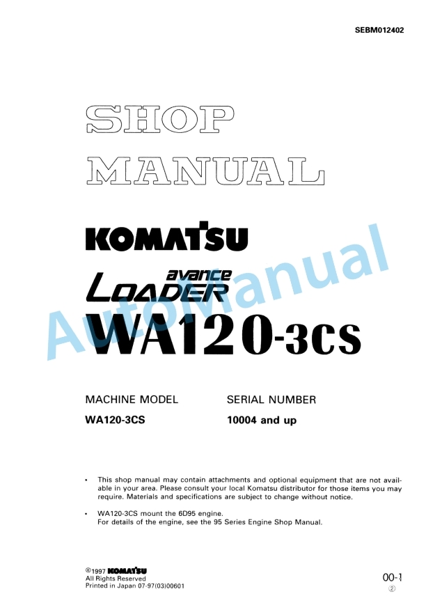 Komatsu WA120-3CS Avance Wheel Loader Shop Manual SEBM012402
