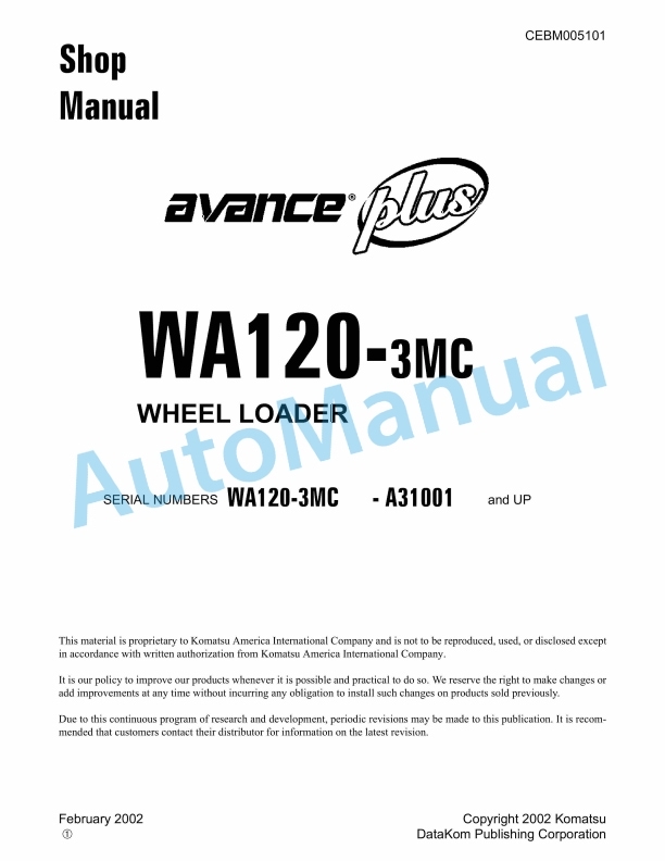 Komatsu WA120-3MC Wheel Loader Shop Manual CEBM005101