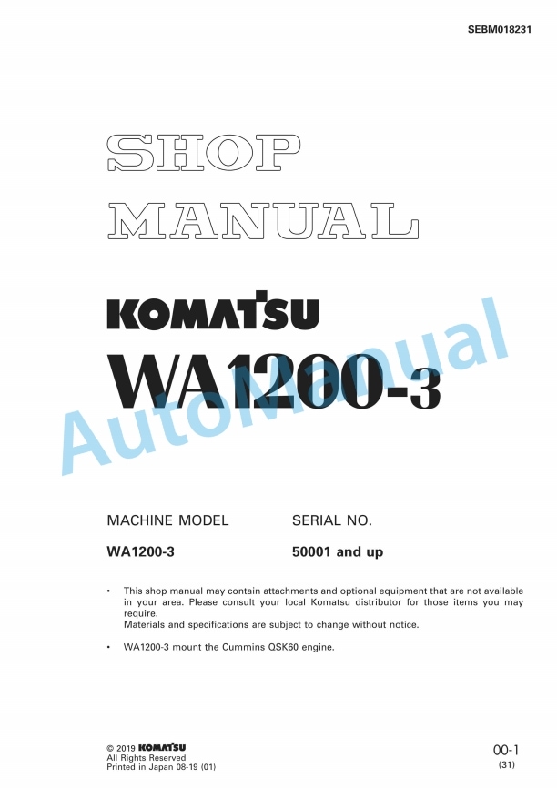Komatsu WA1200-3 Wheel Loader Shop Manual SEBM018231