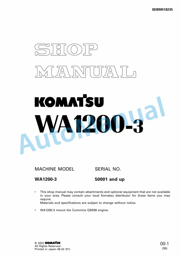 Komatsu WA1200-3 Wheel Loader Shop Manual SEBM018235