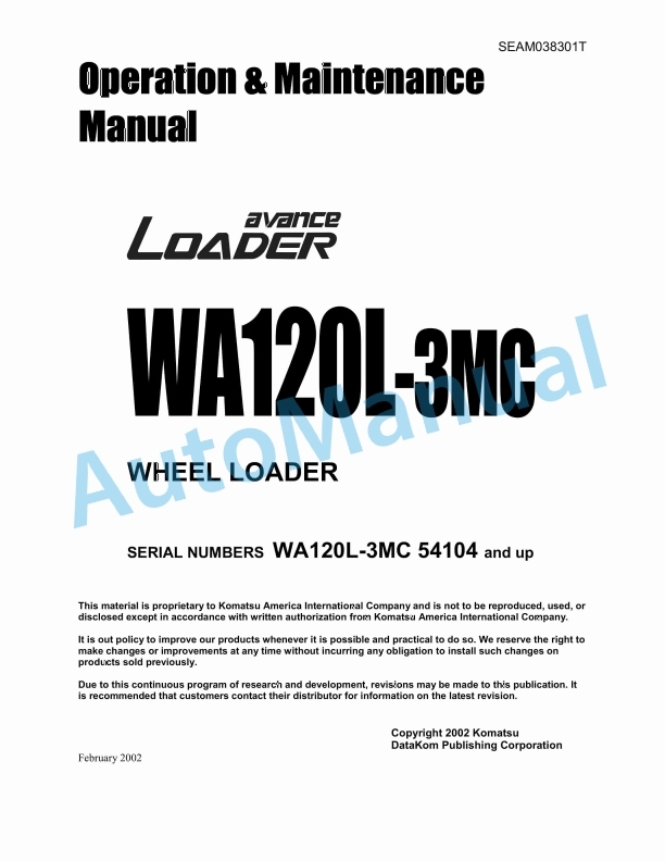 Komatsu WA120L-3MC Avance Wheel Loader Operation and Maintenance Manual SEAM038301T