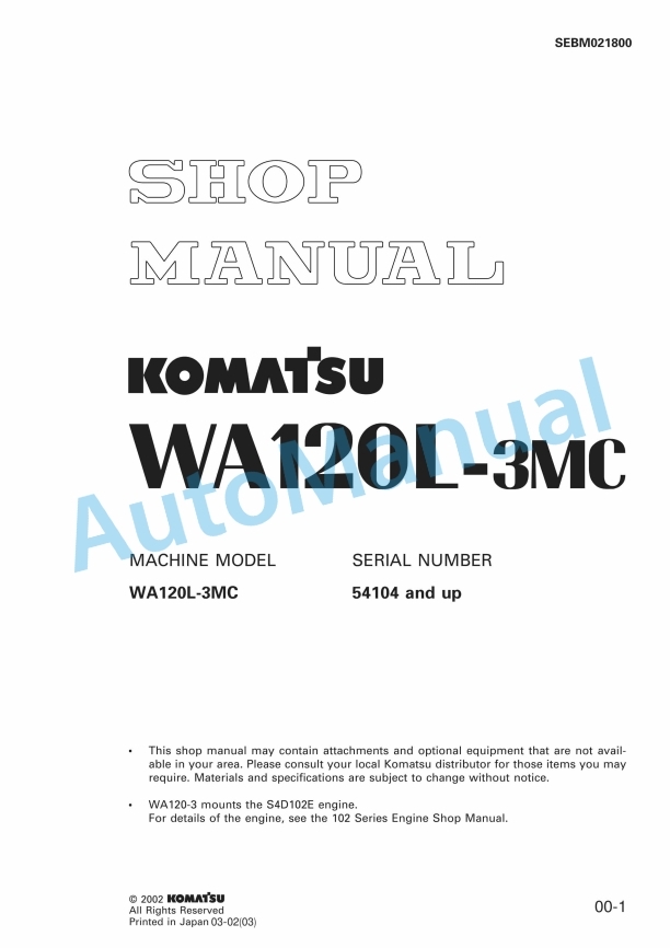 Komatsu WA120L-3MC Wheel Loader Shop Manual SEBM021800